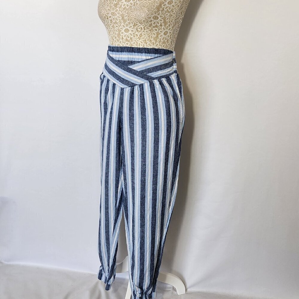 Indigo Rein Women’s SZ M Blue Stripe Linen Blend Pull On V-Waist Joggers Beach - Picture 6 of 16